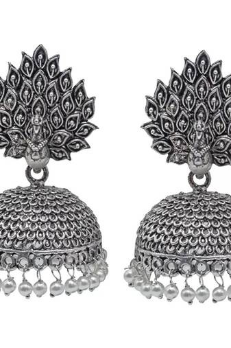 Designer Traditional Golden Cubic Zirconia & Pearl Silver Plated Jhumka Drop Earrings For Women Girls