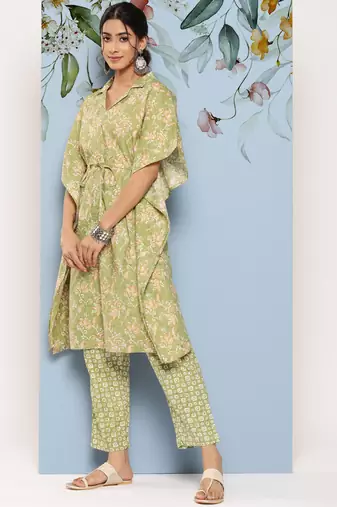  green ethnic motifs kaftan co ords set