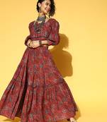  maroon & navy blue printed pure cotton top & skirt