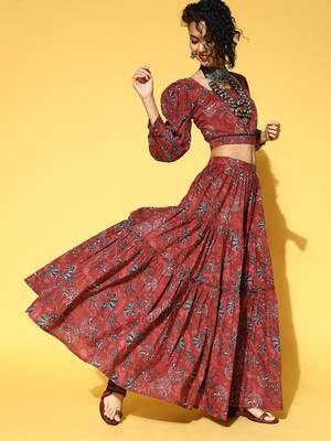  maroon & navy blue printed pure cotton top & skirt 2