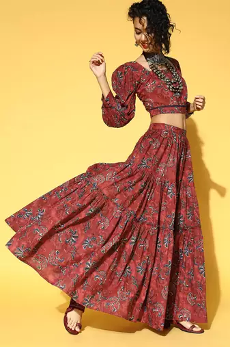  maroon & navy blue printed pure cotton top & skirt