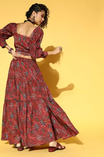  maroon & navy blue printed pure cotton top & skirt