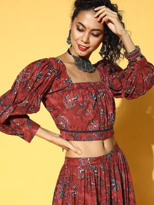  maroon & navy blue printed pure cotton top & skirt 4