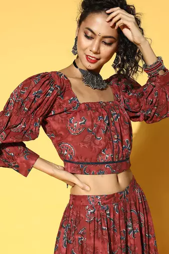  maroon & navy blue printed pure cotton top & skirt