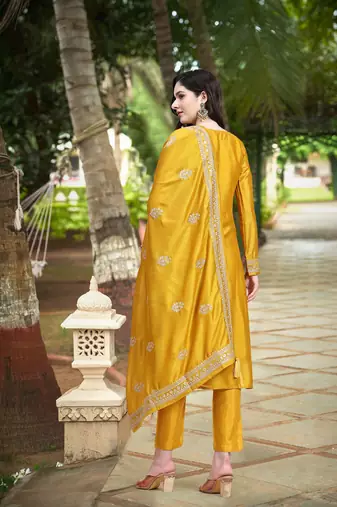 Trendmalls Yellow Silk Cotton Salwar Suit with Silk Embroidered Dupatta Kurta set of 3 pieces