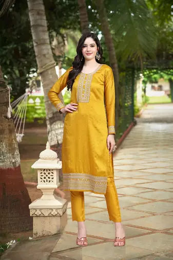 Trendmalls Yellow Silk Cotton Salwar Suit with Silk Embroidered Dupatta Kurta set of 3 pieces