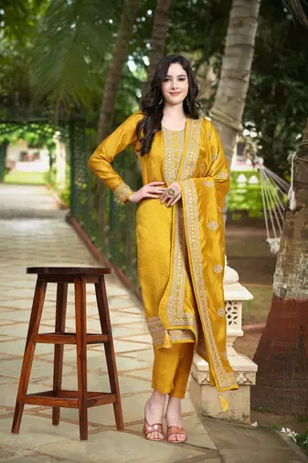 Trendmalls Yellow Silk Cotton Salwar Suit with Silk Embroidered Dupatta Kurta set of 3 pieces