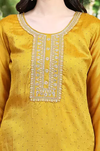 Trendmalls Yellow Silk Cotton Salwar Suit with Silk Embroidered Dupatta Kurta set of 3 pieces