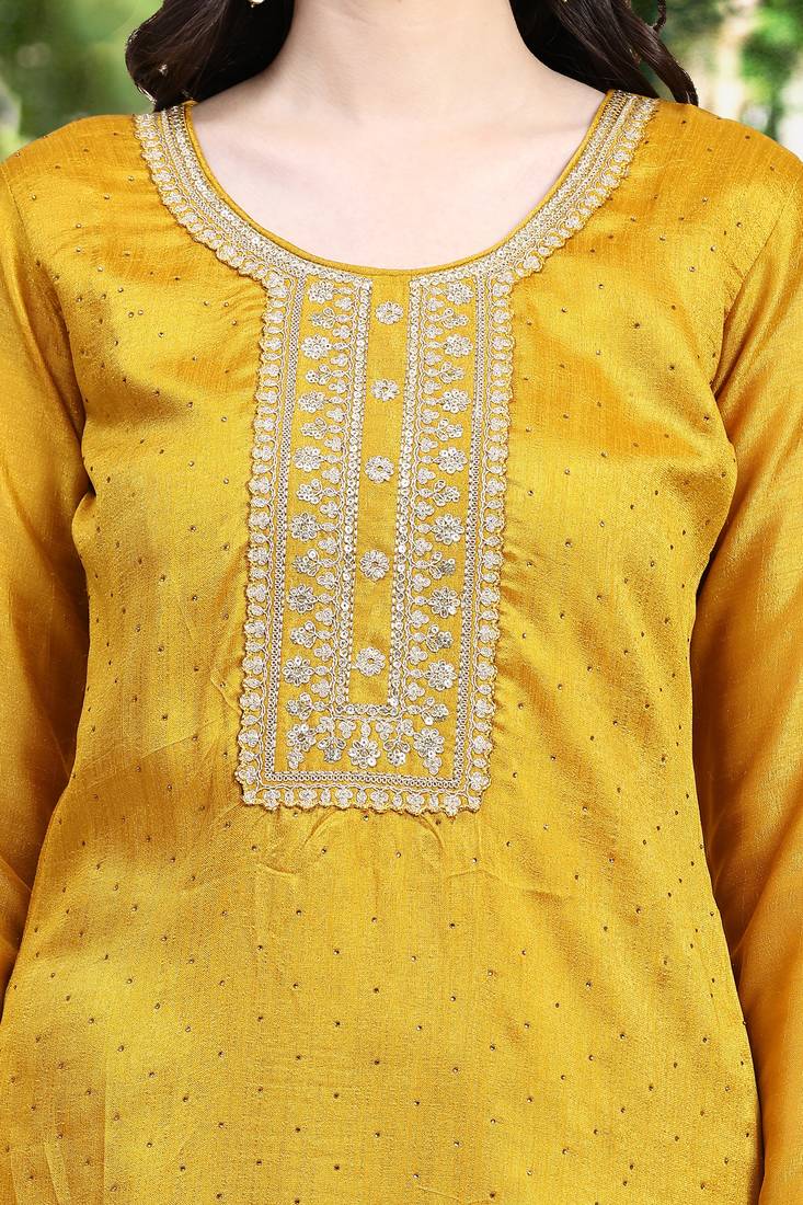 Yellow Silk Cotton Salwar Suit with Silk Embroidered Dupatta Kurta set of 3 pieces