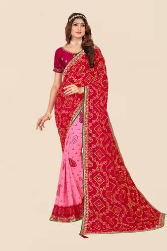 Pink georgette bandhani saree with unstitched blouse piece