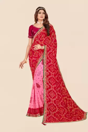Pink georgette bandhani saree with unstitched blouse piece