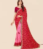 Pink georgette bandhani saree with unstitched blouse piece