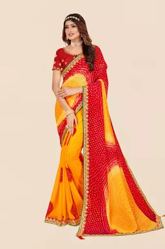 Yellow georgette bandhani saree with unstitched blouse piece