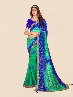 Blue georgette bandhani saree with unstitched blouse piece 1