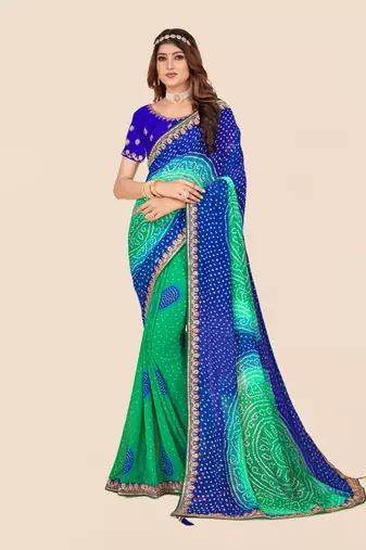 Blue georgette bandhani saree with unstitched blouse piece