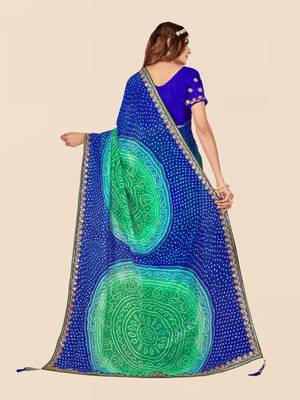 Blue georgette bandhani saree with unstitched blouse piece 2