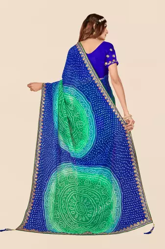 Blue georgette bandhani saree with unstitched blouse piece