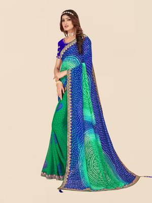 Blue georgette bandhani saree with unstitched blouse piece 3