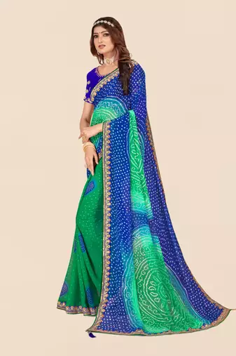 Blue georgette bandhani saree with unstitched blouse piece