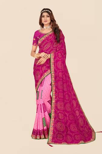 Pink georgette bandhani saree with unstitched blouse piece