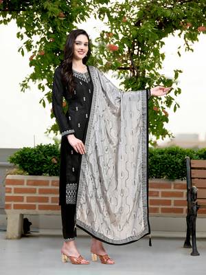 Trendmalls  Satin Embroidery Salwar Suit Set Kurta Pant with Dupatta Black Kurta Set for Women,Party Wear Festive 1