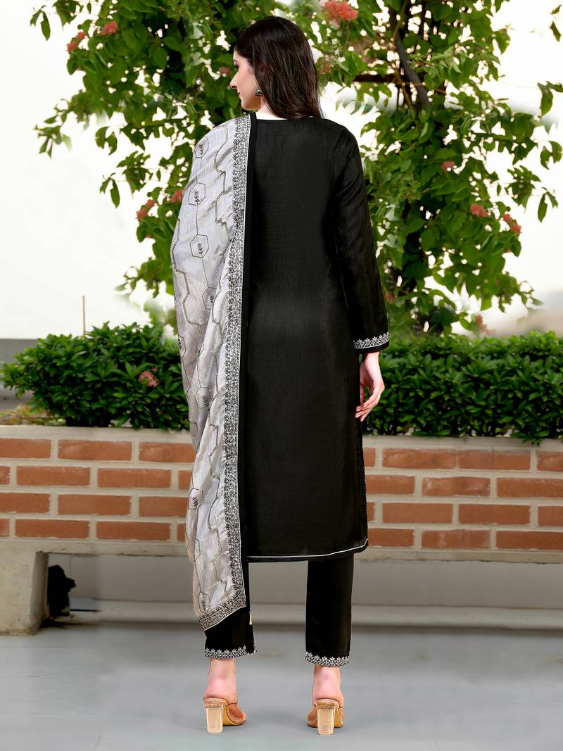  Satin Embroidery Salwar Suit Set Kurta Pant with Dupatta Black Kurta Set for Women,Party Wear Festive