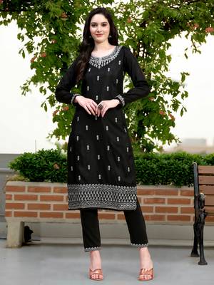 Trendmalls  Satin Embroidery Salwar Suit Set Kurta Pant with Dupatta Black Kurta Set for Women,Party Wear Festive 4