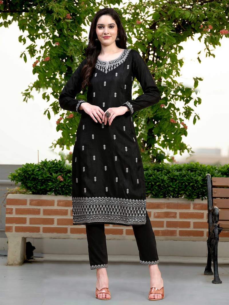  Satin Embroidery Salwar Suit Set Kurta Pant with Dupatta Black Kurta Set for Women,Party Wear Festive