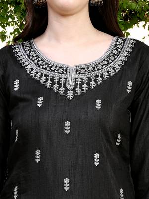 Trendmalls  Satin Embroidery Salwar Suit Set Kurta Pant with Dupatta Black Kurta Set for Women,Party Wear Festive 6