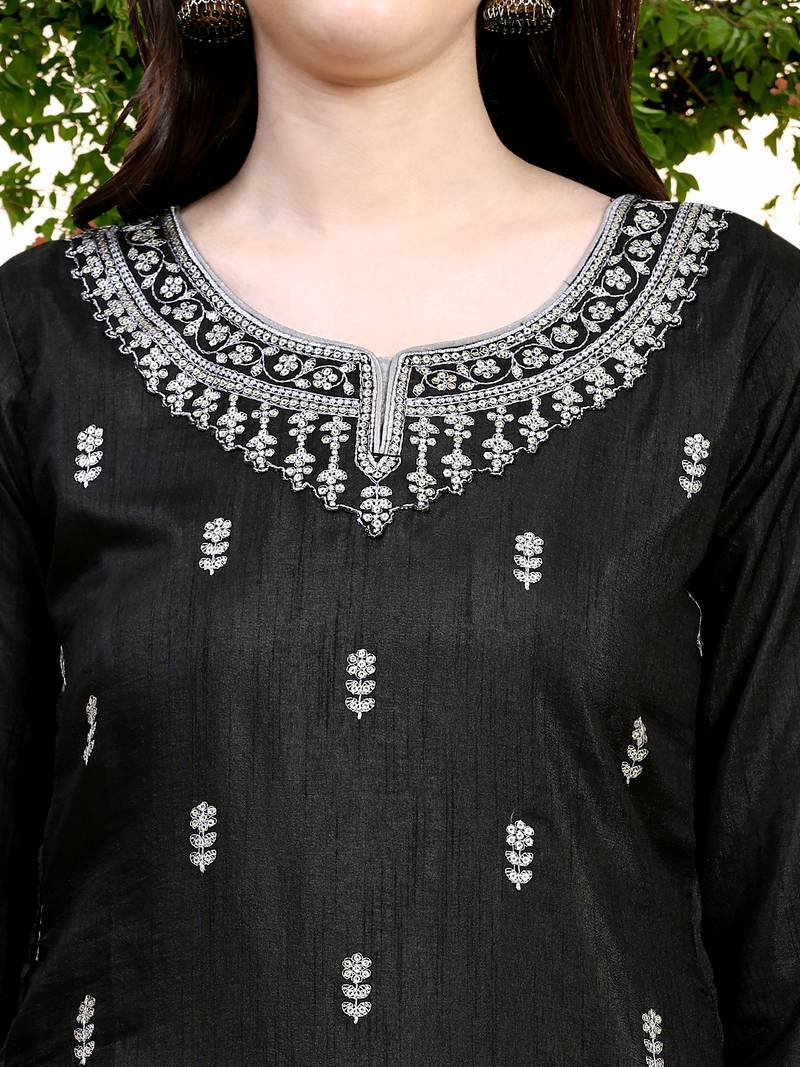  Satin Embroidery Salwar Suit Set Kurta Pant with Dupatta Black Kurta Set for Women,Party Wear Festive