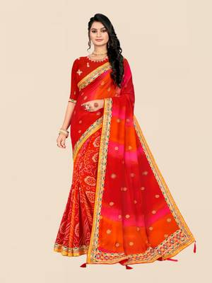 Red georgette bandhani saree with unstitched blouse piece 1