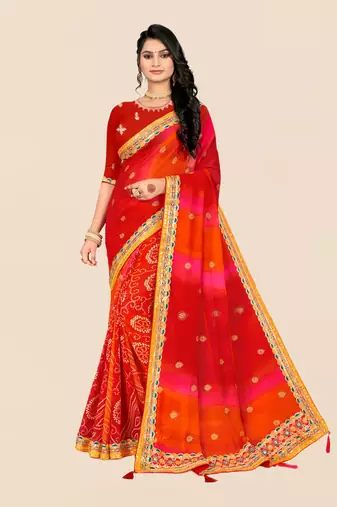 Red georgette bandhani saree with unstitched blouse piece