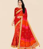 Red georgette bandhani saree with unstitched blouse piece