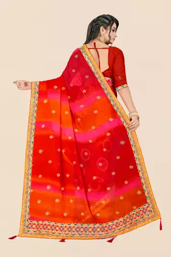 Red georgette bandhani saree with unstitched blouse piece