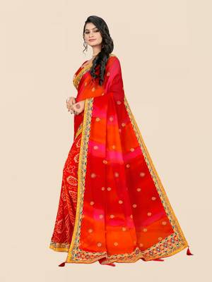 Red georgette bandhani saree with unstitched blouse piece 3
