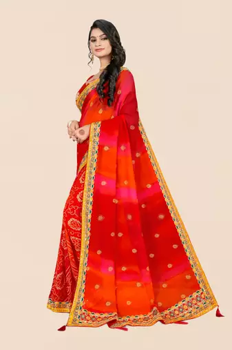 Red georgette bandhani saree with unstitched blouse piece