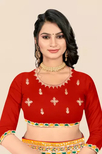 Red georgette bandhani saree with unstitched blouse piece
