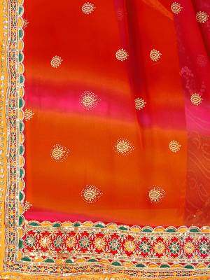 Red georgette bandhani saree with unstitched blouse piece 5