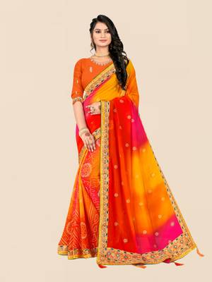 Yellow georgette bandhani saree with unstitched blouse piece 1