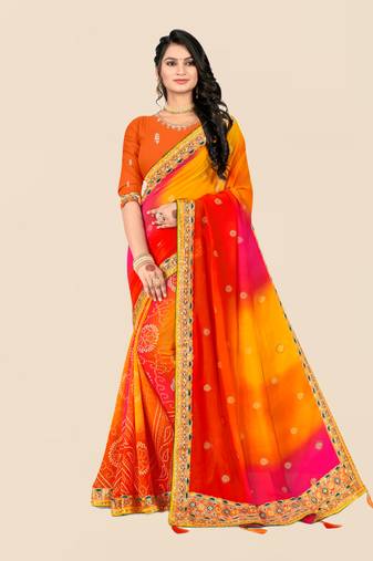 Yellow georgette bandhani saree with unstitched blouse piece