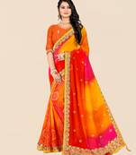 Yellow georgette bandhani saree with unstitched blouse piece