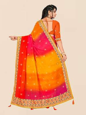 Yellow georgette bandhani saree with unstitched blouse piece 2