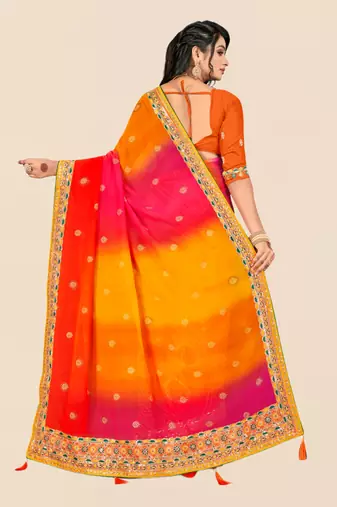 Yellow georgette bandhani saree with unstitched blouse piece