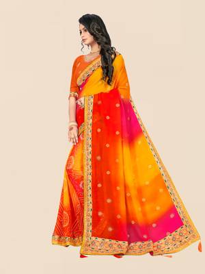 Yellow georgette bandhani saree with unstitched blouse piece 3