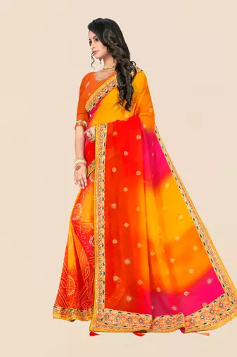 Yellow georgette bandhani saree with unstitched blouse piece