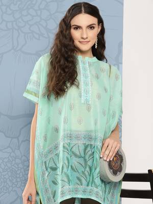  printed mandarin collar ethnic chanderi cotton kaftan longline top 1