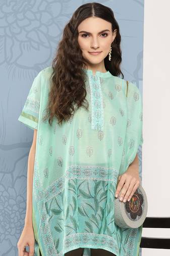  printed mandarin collar ethnic chanderi cotton kaftan longline top
