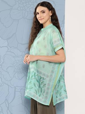  printed mandarin collar ethnic chanderi cotton kaftan longline top 2