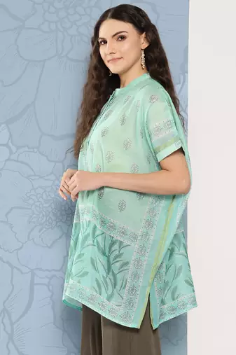  printed mandarin collar ethnic chanderi cotton kaftan longline top