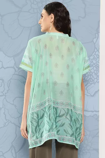  printed mandarin collar ethnic chanderi cotton kaftan longline top